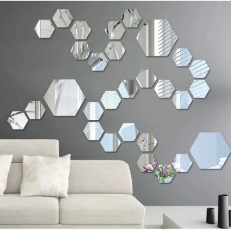 Cermin hexagonal kecil kaca akrilik tempel segi enam hexagon stiker