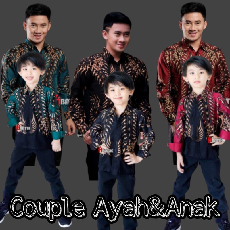 Couple Batik Ayah Dan Anak Laki-laki // Kemeja Batik Pria Dewasa Dan Anak Cowok Motif barnekel  Warna hijau Motif barnekel/Kemeja Batik Jumbo