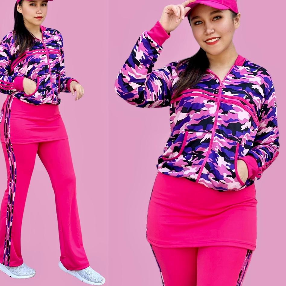 "PF.01Ja23ᵛ" Stelan Baju Senam Aerobik Zumba Olahraga Panjang Muslim Hijab Army Rok Pink