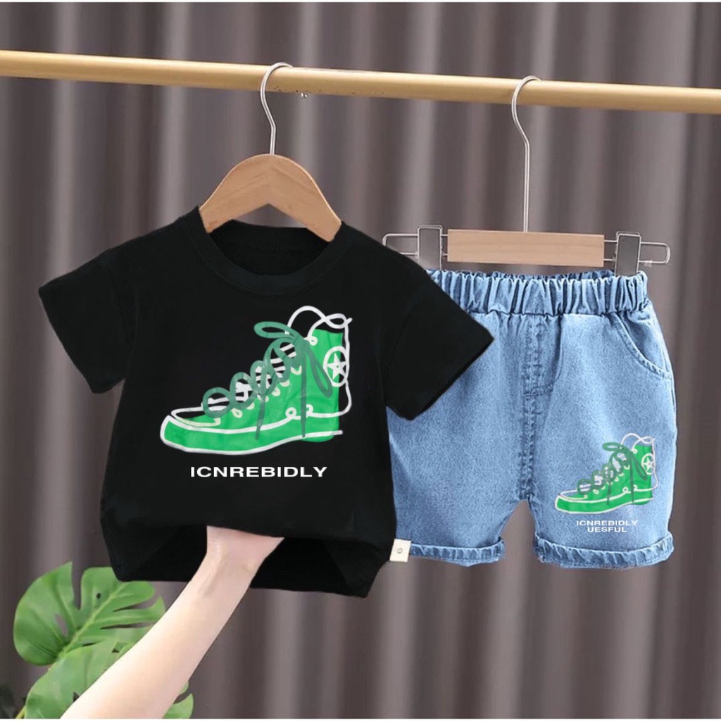 SETELAN BAJU ANAK MOTIF SEPATU TALI DENIM PAKAIAN ANAK LAKI-LAKI DAN PEREMPUAN 1-5THN - FASHION ANAK TERBARU TERMURAH DAN TERLARIS