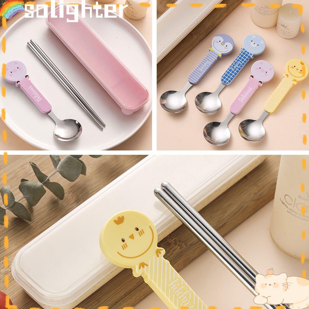 Solighter 2Pcs/Set Peralatan Bayi Bentuk Kartun Stainless Steel PP Handle Sendok Garpu Anak