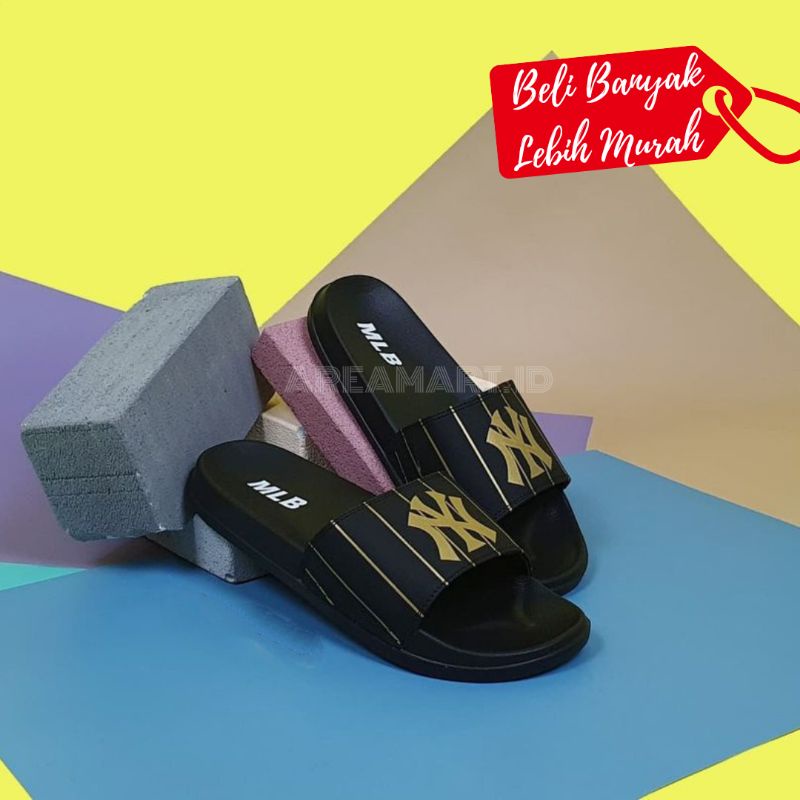 Sendal Slide Pria / Wanita MLB NY Black Gold Garis Sendal Murah Sendal Terlaris