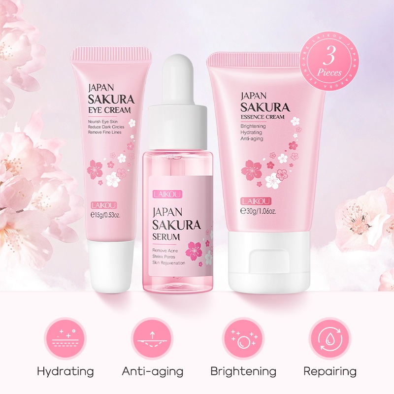 LAIKOU Sakura 3pcs Skin Care Set Serum Mengencangkan Pori-pori Krim Pelembap Memudarkan Noda Krim Mata Memudarkan Kerutan