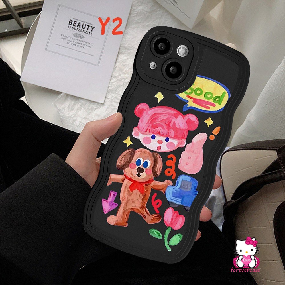 IPHONE Casing Pasangan Kompatibel Untuk Iphone13 11 14 12 Pro Max 6 6s 8 7 Plus XR 14Plus X XS Max SE 2020 Kartun Grafiti Anjing Lucu Populer Gadis Lucu Stiker Lembut Bergelombang Tepi Case