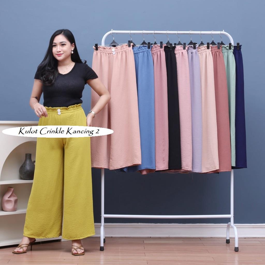 LS 837 - Kulot Crinkle Kancing 2 Cringkle Airflow Crepe Premium Dobby Pants low Celana Panjang Kulot Wanita