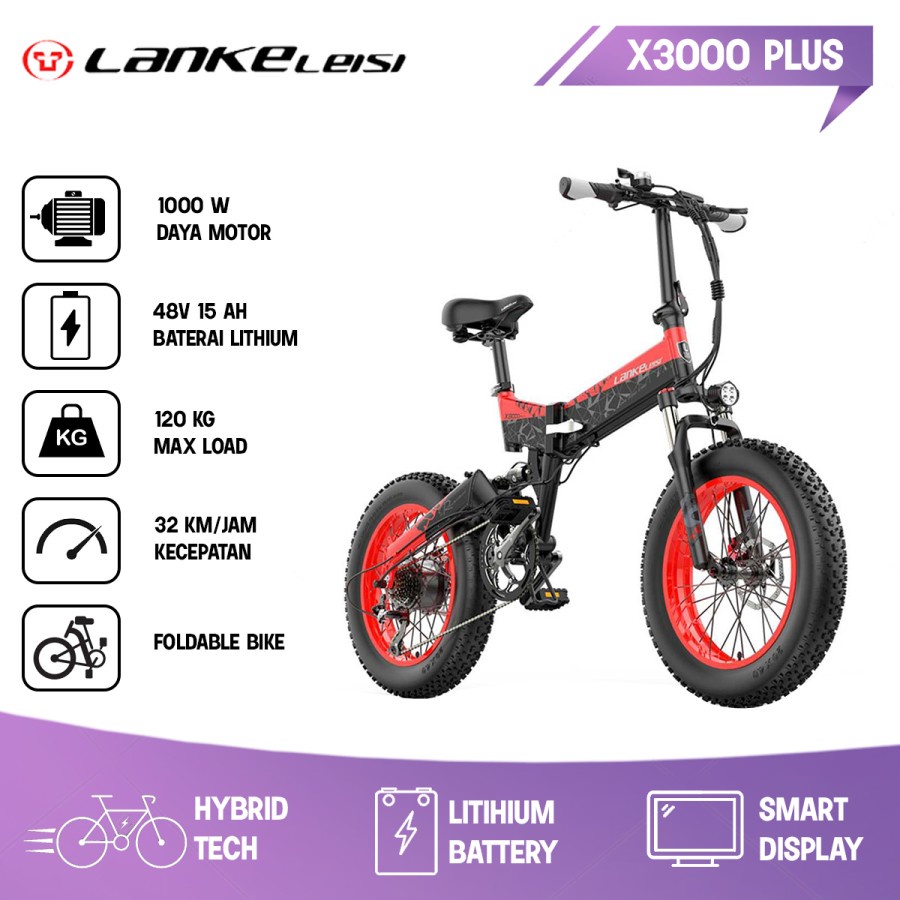 Sepeda Lipat Listrik Smartmoped Lankeleisi X3000Plus Red Electric Bike