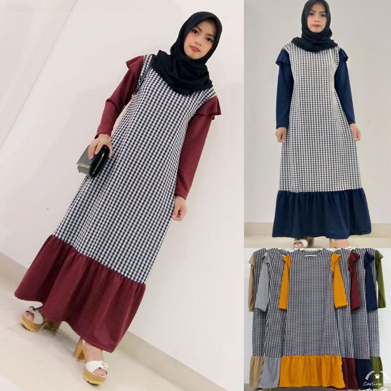 Gamis Ruffle Motif Kotak Dress Wanita Bahan Kaos Tebal