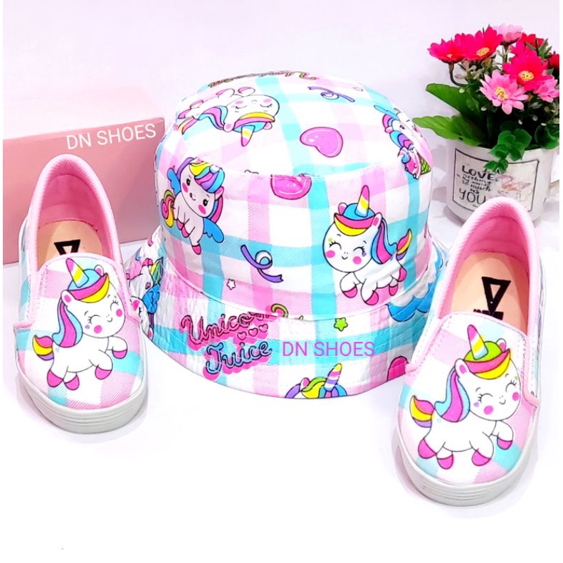 Paket Sepatu Anak Topi Bucket Anak Paket Slip On Anak Bucket Hat Anak Perempuan Lucu Karakter Unicorn Tosca Pink Juice
