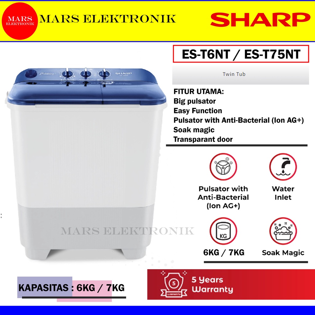 MESIN CUCI SHARP ES-T75NT / 7 KG /  ES T 75 NT / EST75NT / FREE ONGKIR MEDAN