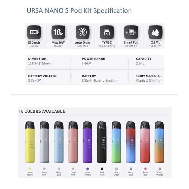 Ursa Nano S 16W 800mAh Pod Kit 100% Authentic by Lost Vape / Ursa S