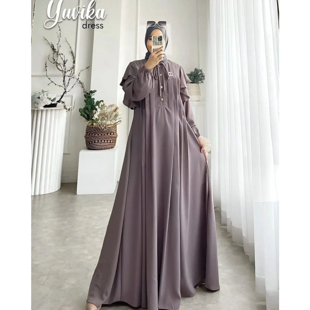 Yuvika Dress Baju Gamis Wanita Dewasa Busui Free Bross Bahan Crinkle Air Flow Premium LD 110Cm Fit To XL Jumbo / Fashion Muslim Wanita Variasi Tali Di Bagian Leher Aksen Rempel Depan Kekinian