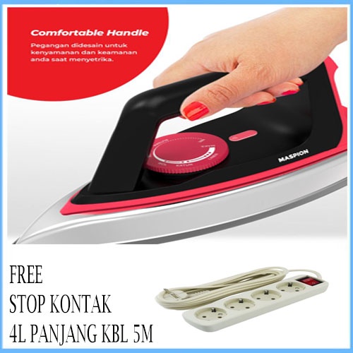 PAKET MASPION AUTOMATIC IRON SETRIKA HA-390 FREE STOP KONTAK 4 LUBANG PANJANG KBL 5M ORI