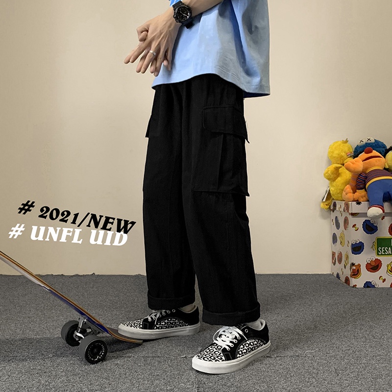 Celana cargo panjang pria Big Size Cargo Pants Pria Celana Cargo Korea Style Hitam Loose Pants Celana Karet Celana Kargo Panjang Pria