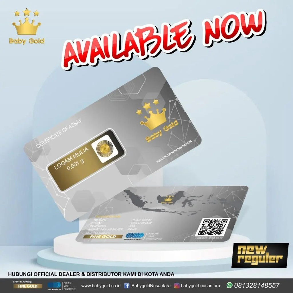 BABY GOLD Reguler Series 0.001 Gram Kemasan Laminating TERMURAH TERLARIS Emas Mini Emas Batangan Logam Mulia Murni 24 Karat Bersertifikat Resmi Asli Original Tabungan Emas Souvenir Keren Mewah