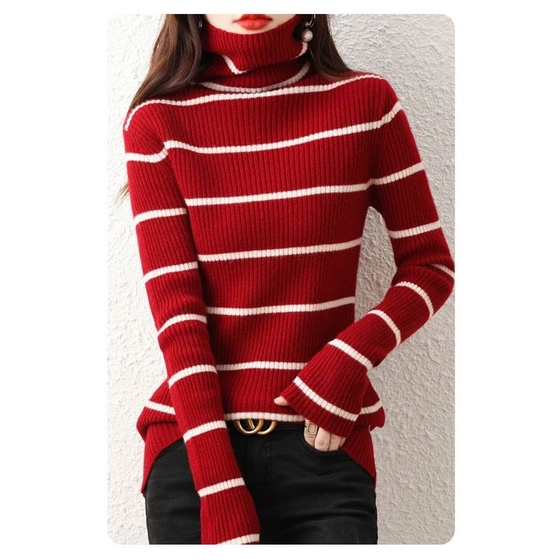 Sweater Turtleneck Salur Wanita Strip Premium