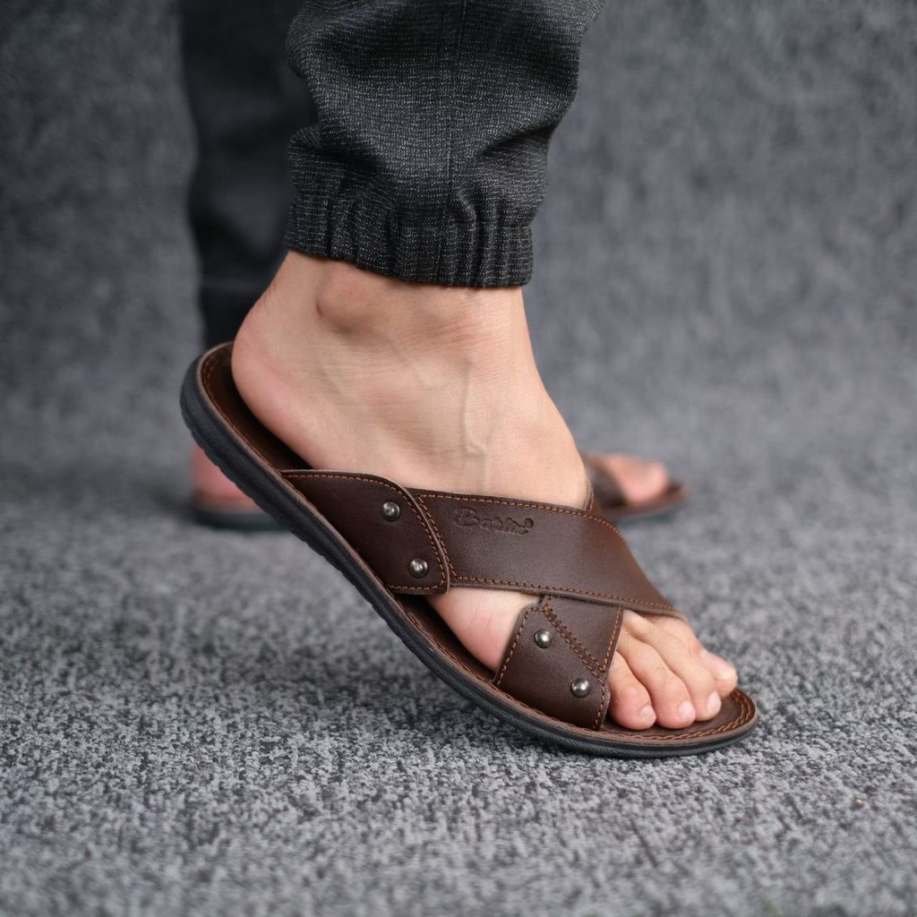 TRENDY SANDAL CASUAL SLOP Sendal Kasual Pria Sandal Slide Slop Puyuh Kekinian MURAH+BERKUALITAS+AWET Handmade Bandung