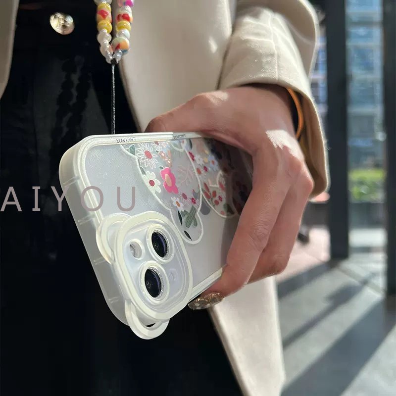 IPHONE Korea Lucu Bunga Beruang Hati Mutiara Gelang 3D Telinga Beruang Casing Ponsel Untuk Iphone14 13 12 11 Pro XS Max X XR Kawaii Shockproof Soft Cover