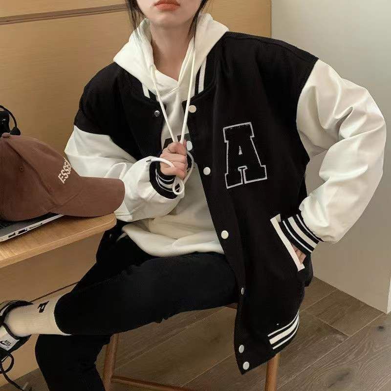 Jaket Varsity Big Size ( S - 6XL ) A Logo BORDIR Embroidery Jaket Baseball Kancing Bomber Oversized XXL XXXL 4XL 5XL FLeece Unisex Jacket Boy Girl Pria Wanita Jumbo Mix Kombinasi 2 Warna Two tone Street Style Couple Hitam Putih Cute Match Jaketin Aja