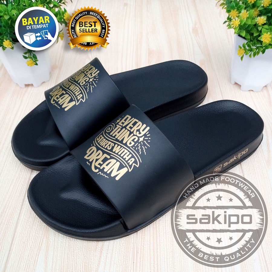 PROMO 1.1 NEW YEAR SALE !! SANDAL DISTRO KEREN KEKINIAN PRIA DEWASA REMAJA SLIDE HITAM EMAS MOTIF TULISAN MOTIVASI / SENDAL SLIDE MURAH TERBARU / SAKIPO