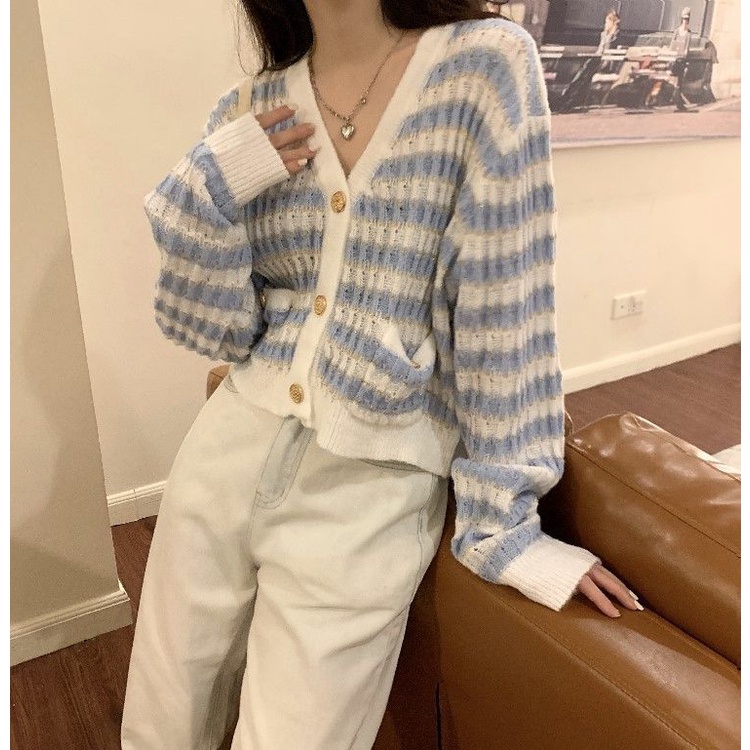 YIU YIU Rajut - Cardigan Rajut Crop Korea Stripe Sweater Kardigan Rajut Premium Lengan Panjang