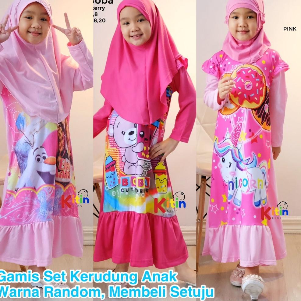 OP - GAMIS ANAK PRINTING SET HIJAB 2-10 TAHUN/ BAJU NGAJI ANAK PEREMPUAN MUSLIM MOTIF BT21 BTS BOBA 