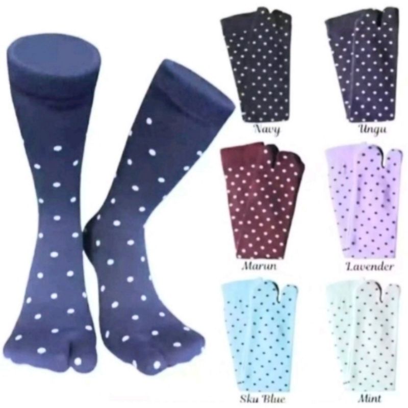 grosir ( 1 lusin ) kaos kaki jempol motif polkadot wanita muslimah dewasa panjang sebetis bahan nilon spandek lembut dan halus