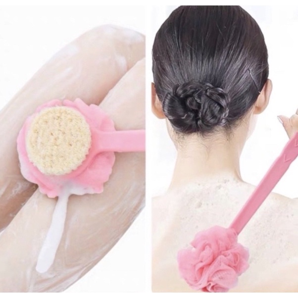 BAJ Sikat Punggung Shower Puff 2in1 Alat Bantu Pembersih Penggosok Badan 2 Sisi Body Brush + Spons Double Side Long Handle Tongkat Mandi Gagang Panjang Serbaguna Sponge Spon Busa Sabun PR114