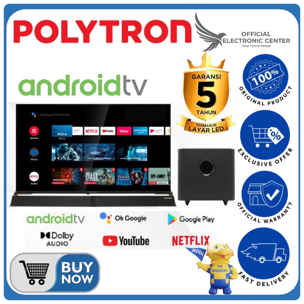 POLYTRON LED TV 43INCH PLD43BAG5959/9953 43BAG ANDROID SMART TV HD CINEMAX SOUND BAR