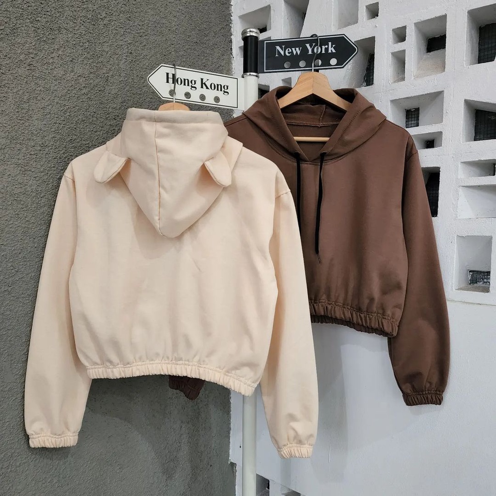 SHERVA CROOPE HOODIE BAHAN FLEECE - SWEATER CUTE EAR HOODIE CROOPE WANITA