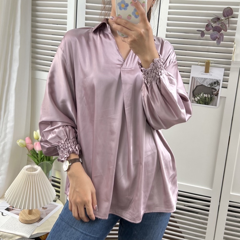 Kemeja Wanita Satin Lengan Panjang / Atasan Blouse Cewek Korea Siena Silk Import Premium E20