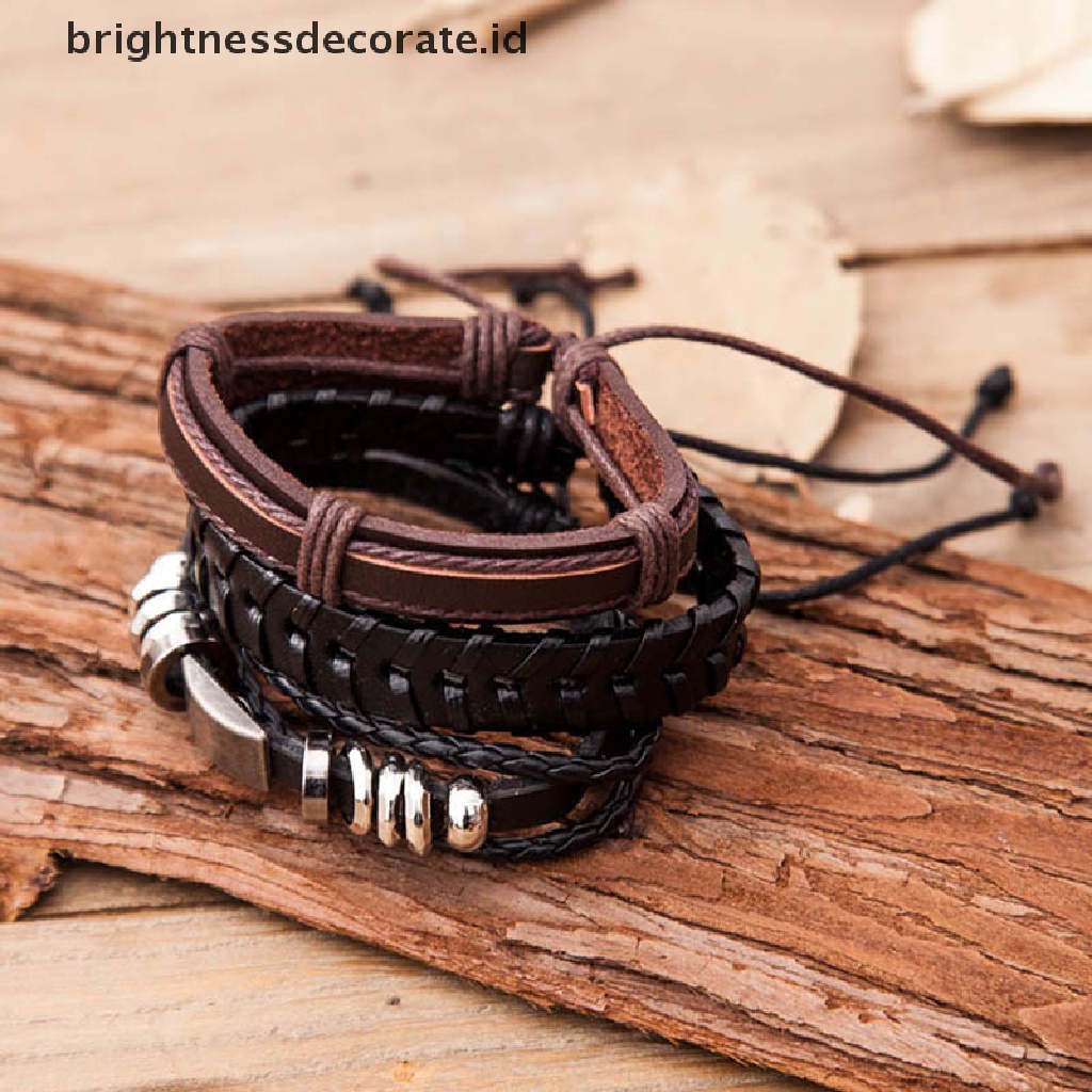 [Birth] 6pcs/set Vintage Pria Gelang Multilayer Tali Kulit Tali Lilin Braided Bracelet [ID]