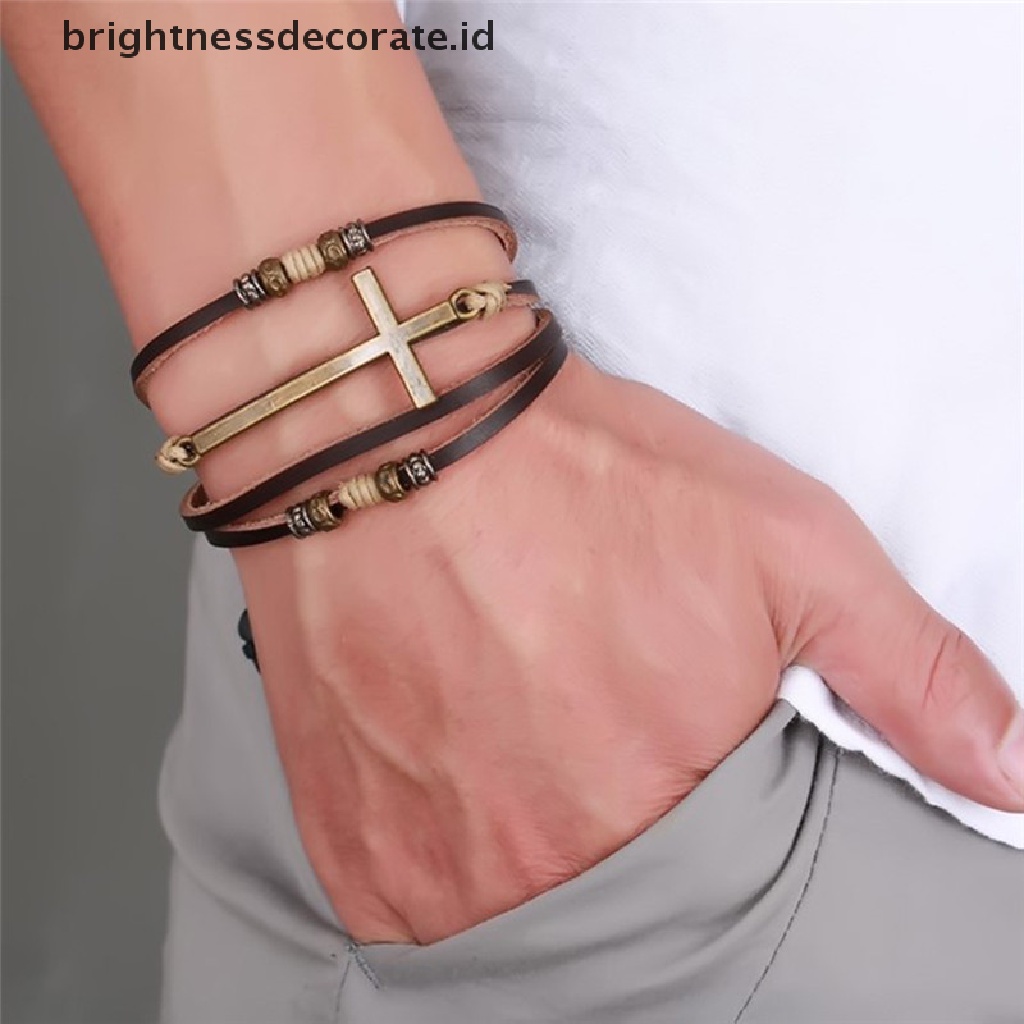 [Birth] Gelang Salib Kulit Gelang Bangles Adjustable Bohemia Rantai Gelang Pria Perhiasan [ID]