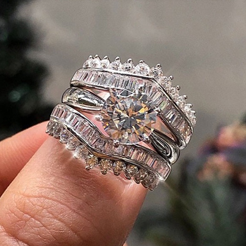 3pcs/set Cincin Ganda Dapat Ditumpuk Untuk Wanita Mewah Pernikahan Band Aksesoris Dengan Kristal Briliant Cubic Zirconia Baru Perhiasan Trendi