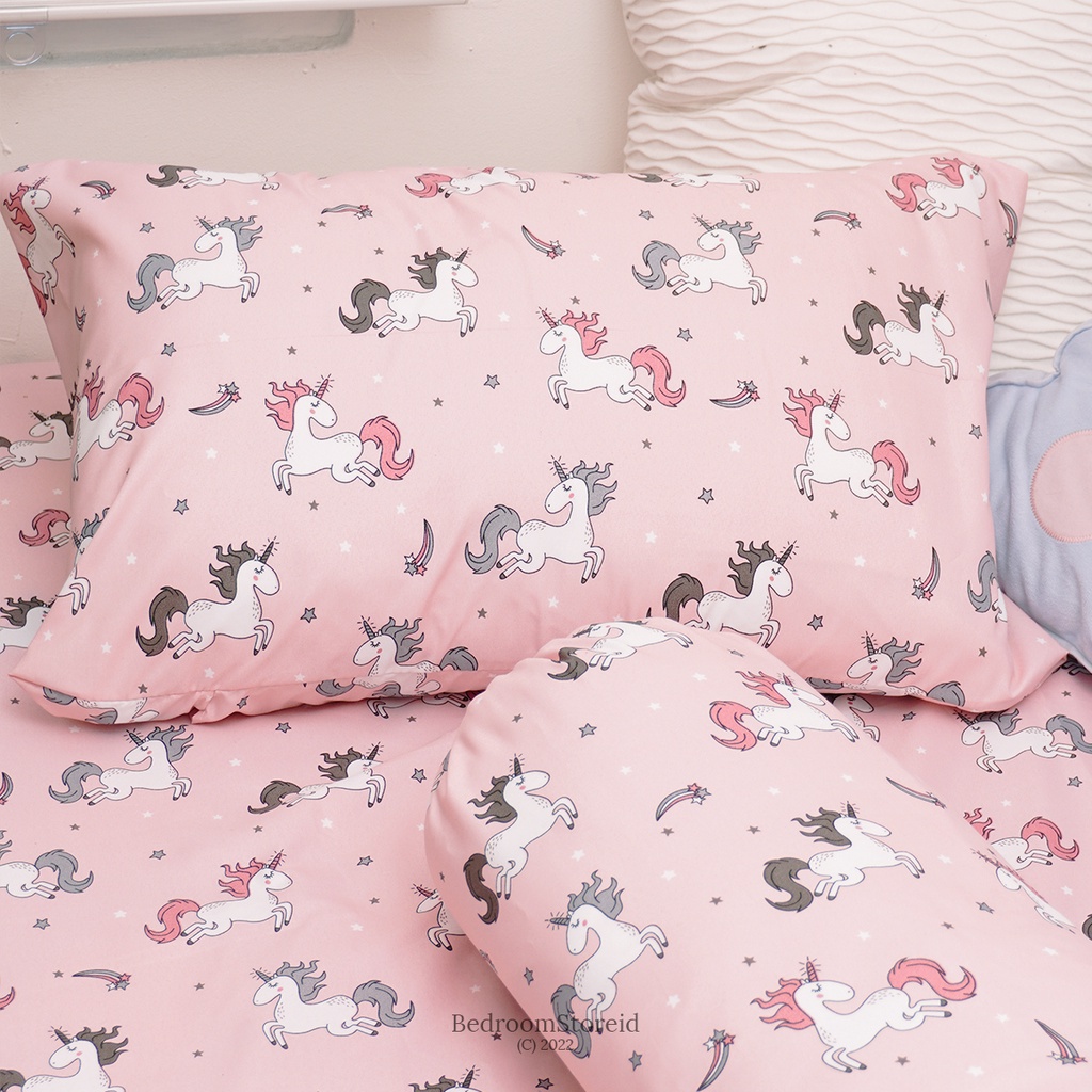 Sprei Aesthetic Motif Unicorn Pink | Ala Korea Sudah Termasuk Sarung Bantal Guling