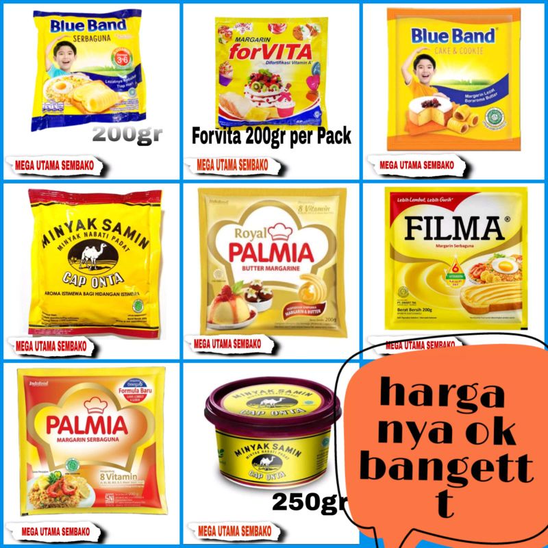 

Margarin 200g /Forvita,blue band,filma,palmia,Royal palmia,blue band cookie,minyak samin murah/ sachet