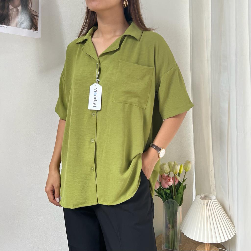 Blouse Lengan Pendek Atasan Wanita Kantong Korea / Kemeja Pocket Cewek Terbaru Bahan Kringkel 141