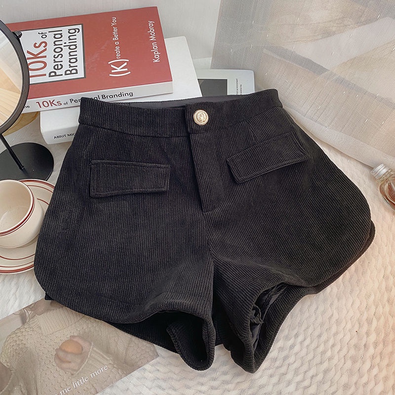 Red Palsu Saku Pinggang Tinggi Satu Kancing Luar Pakaian Santai Celana Wanita Musim Dingin 2022 Versi Korea All-Match Hitam Corduroy celana Pendek