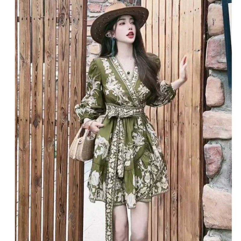 6988 Baju minidress mini dress WRAP tali samping lengan panjang Baloon Puff Sleeve dres Korea Korean
