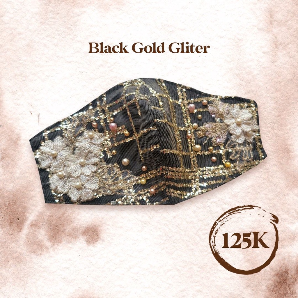 Masker Kain Brokat Pesta| Satin Hitam / Black | Glitter Gold 3D Bunga