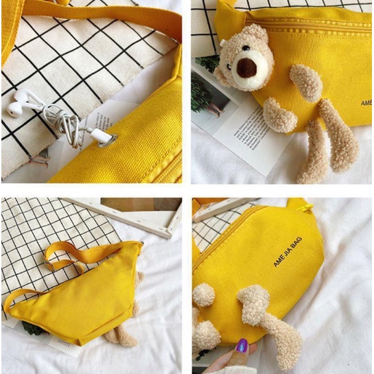 CHIKOISME - AML BEAR Waist Bag Tas Selempang Bahu Waistbag Canvas Gantungan Boneka Lucu Slingbag Unisex  Remaja Cute Korean Import NR