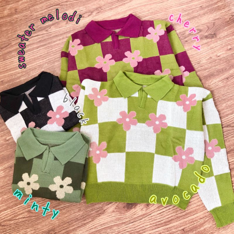 SWEATER POLO MELODI FLOWER CROP DAISY ATASAN RAJUT MOTIF BUNGA MIX COLOUR