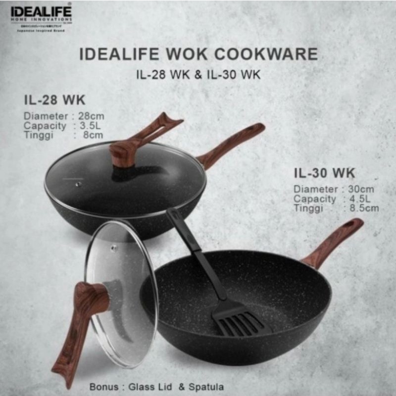 IDEALIFE - Deep Frypan Wajan Penggorengan 24cm - 28cm + Tutup, Tirisan Minyak dan Spatula