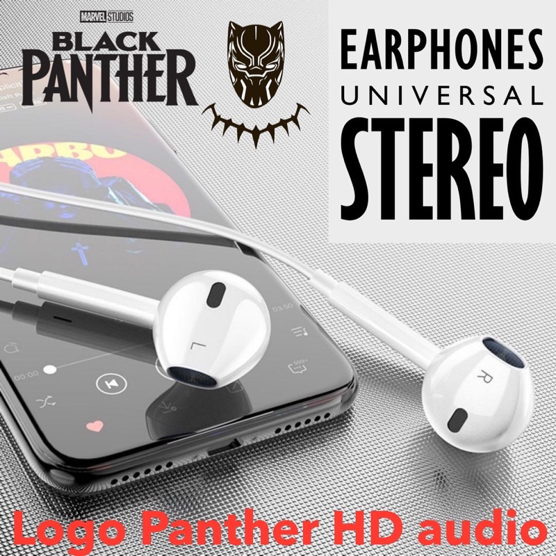 HANDSFREE BLACK PHANTER KAPSUL ADA LOGO SUARA KEREN EXTRA BASS EARPHONE UNIVERSAL JACK 3.5mm FOR ANDROID SMARTPHONE BY SMOLL