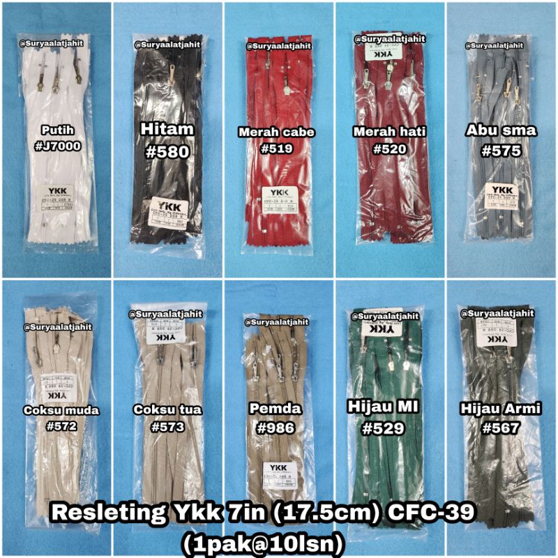 Resleting YKK 7in/17.5cm CFC39 asli bagus @1lsn rp.20.500/12pcs