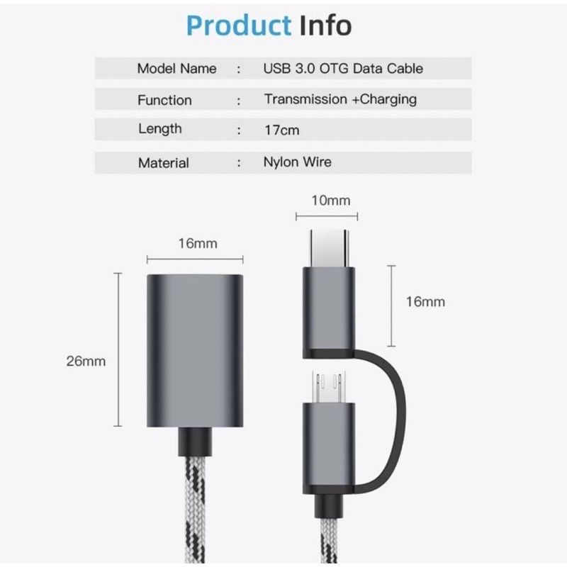 Kabel OTG 2 in 1 Multifungsi Cable USB OTG to Micro dan Type C 2 in 1