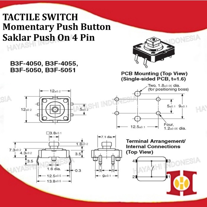 Omron OEM Push Button B3F 4055 12x12x7.3 Tutup Tactile Tach Switch 4P-50pcs