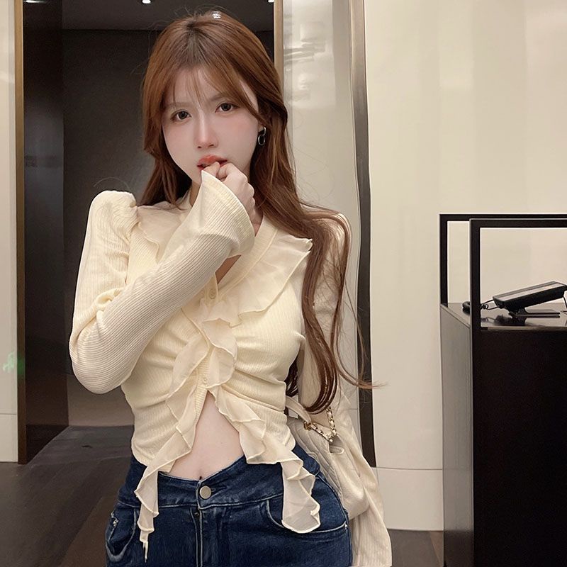 Red Gaya manis tepi daun teratai T-shirt lengan panjang wanita musim gugur baru temperamen gaya lembut penanaman diri ramping in pendek pasang atas