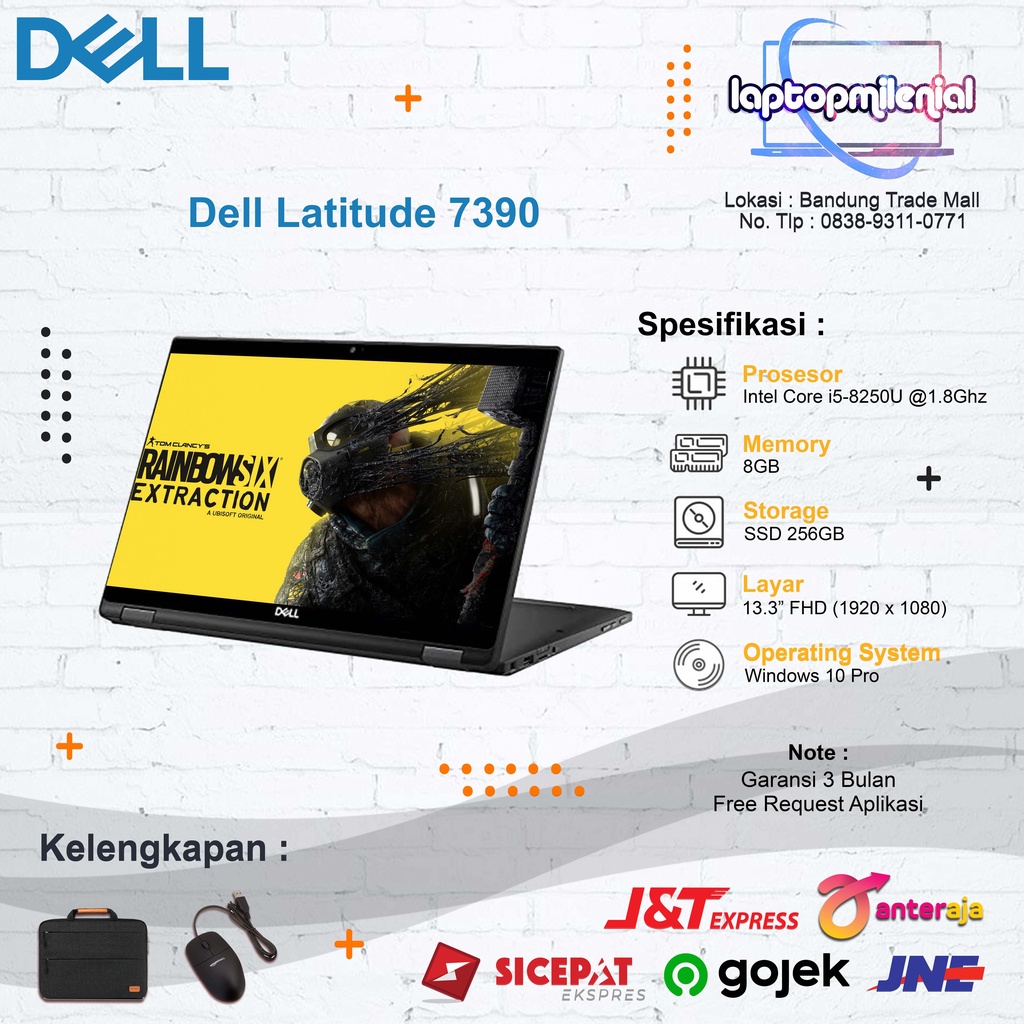 Dell Latitude 7390 2 in 1 Intel i5-8250U RAM 8GB SSD 256GB 13&quot; FHD Touchscreen WIn 10 Second Berkualitas