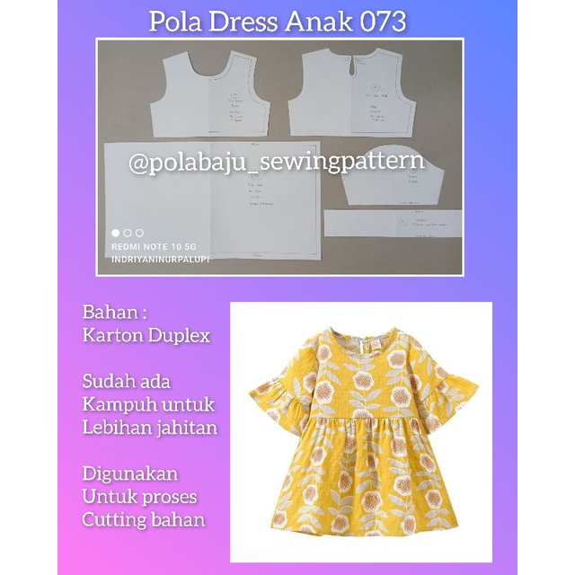 Pola Dress Anak 073 - Pola baju Instan Produksi minidress anak tangan 3/4 variasi kerut - Sewing pattern