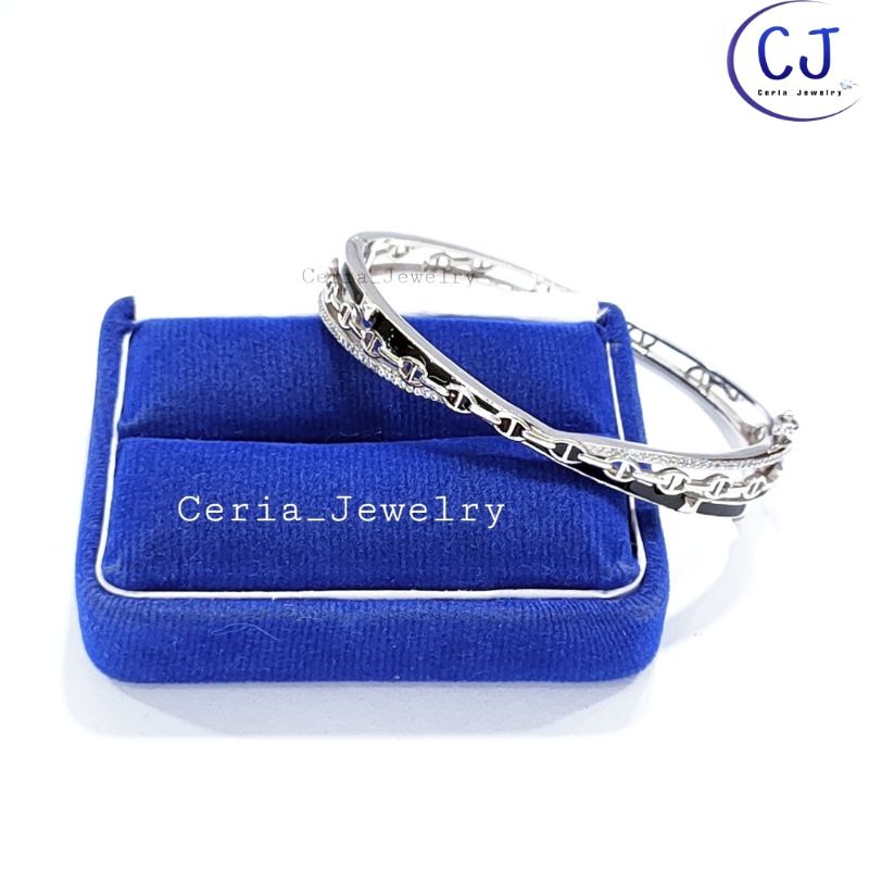 Gelang Perak Asli Silver Wanita 925 Lapis Emas Putih Model Bangle Oval Chartir - Perhiasan Perak